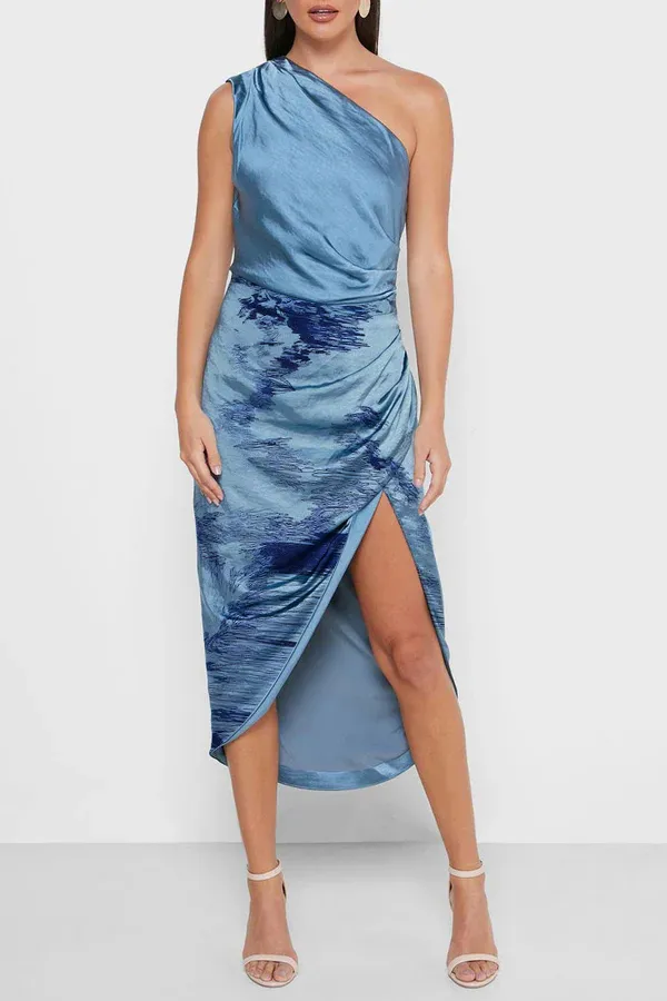 High Slit One Shoulder Satin Cocktail Party Dress - Dusty Blue
