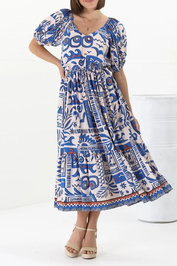 Blue Printed Puff Sleeve Midi Dress