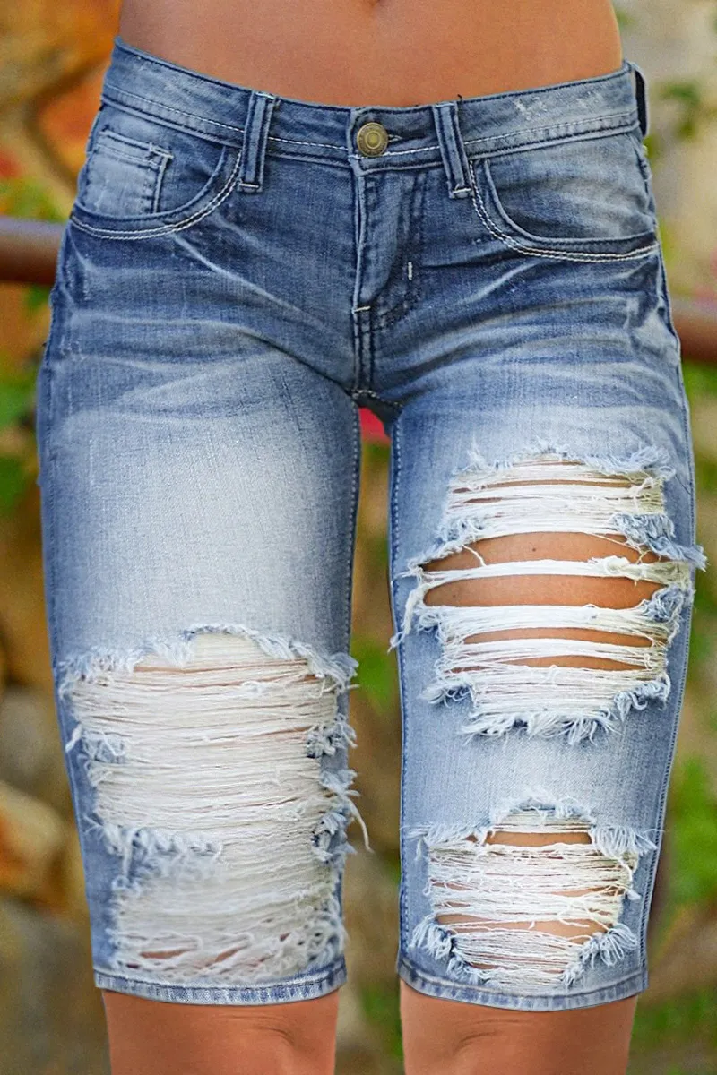 Wash Cut Out Low Waist Denim Bermuda Shorts