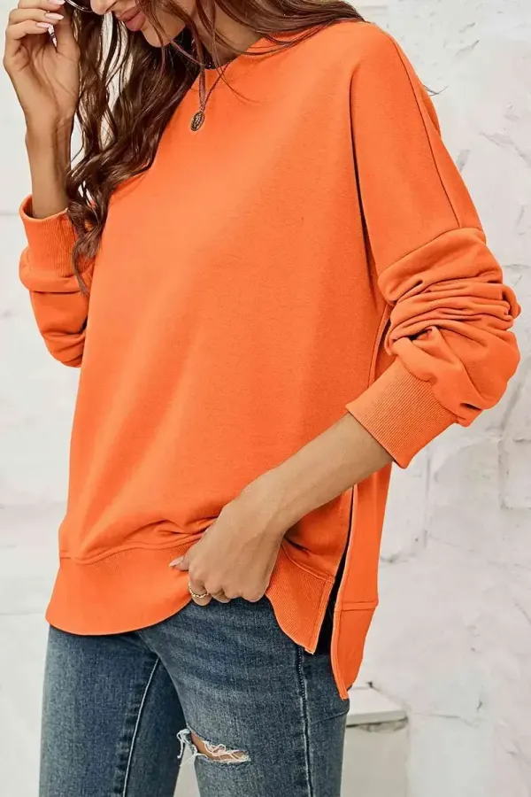 Round Neck  Dropped Shoulder Slit Sweatshirt AC