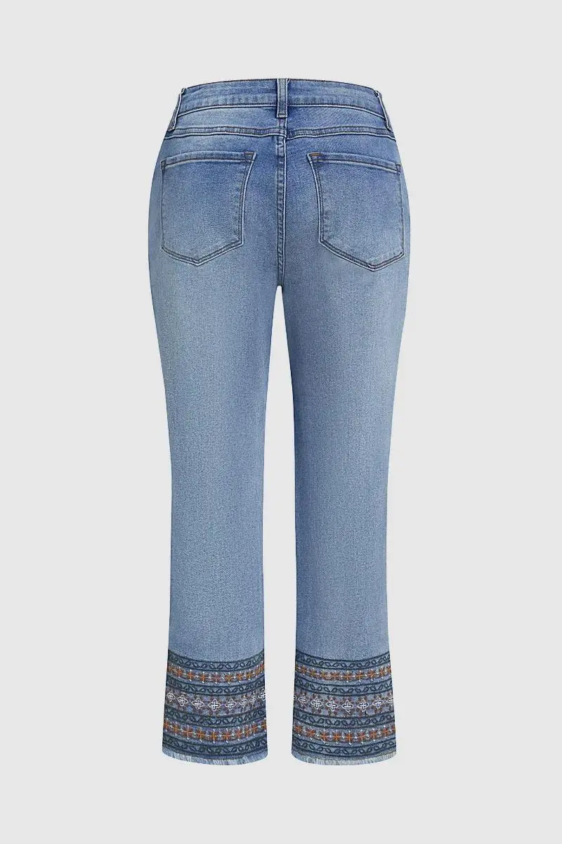 Wash Embroidery Raw Hem Mid Rise Crop Jeans