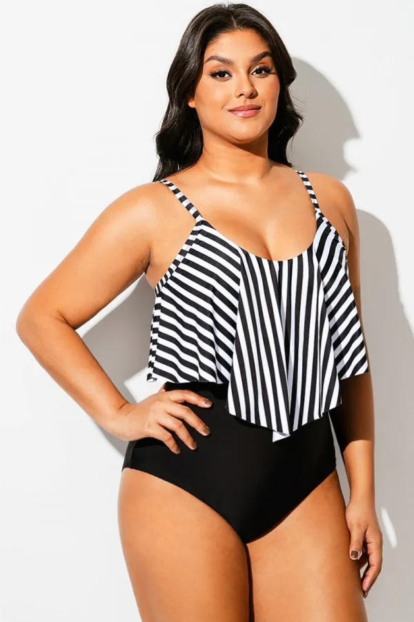 Black & White Striped Hem One Piece Swimsuit