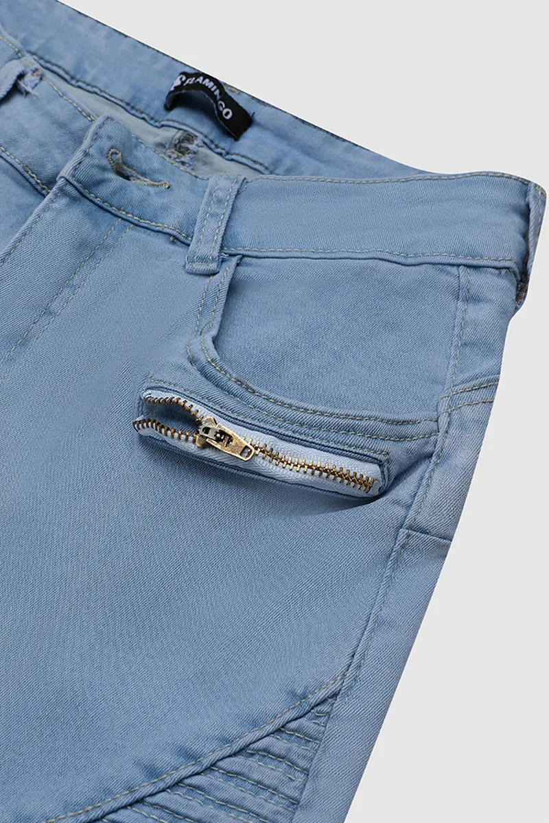 Wash Zip Design Mid Waist Denim Bermuda Shorts