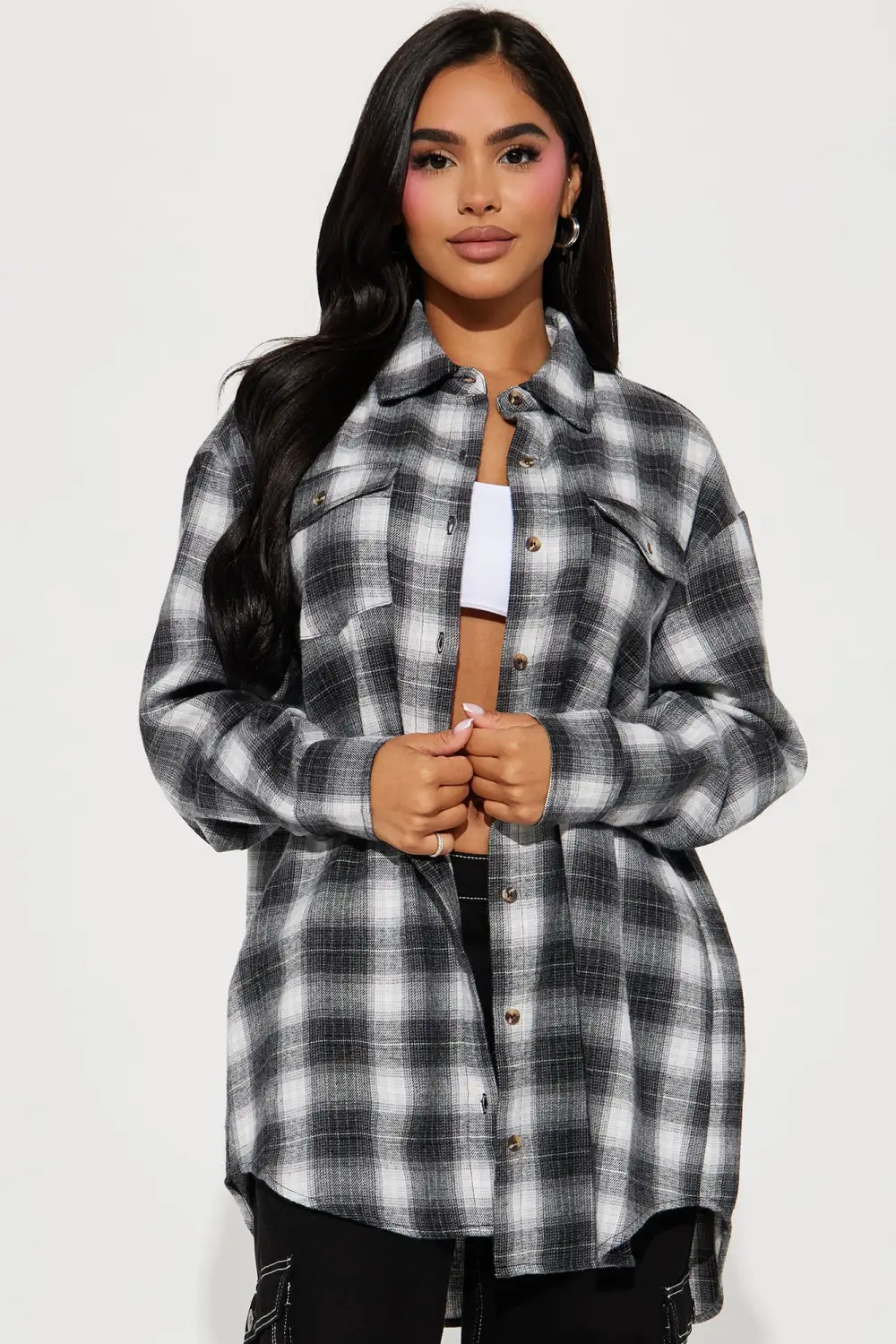 Pretty In Plaid Oversized Flannel Top - Black/combo