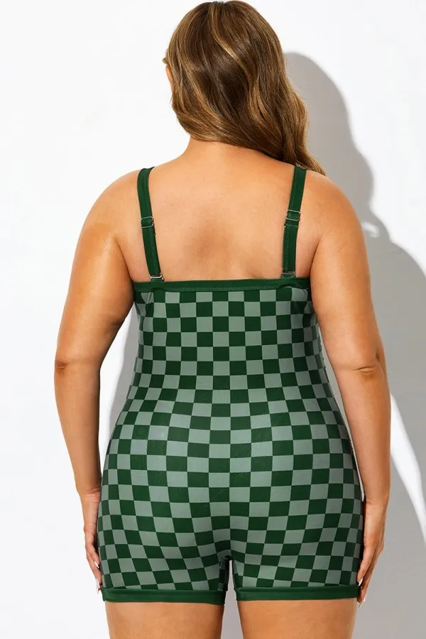 Green Check Colorblock One Piece Swimsuit