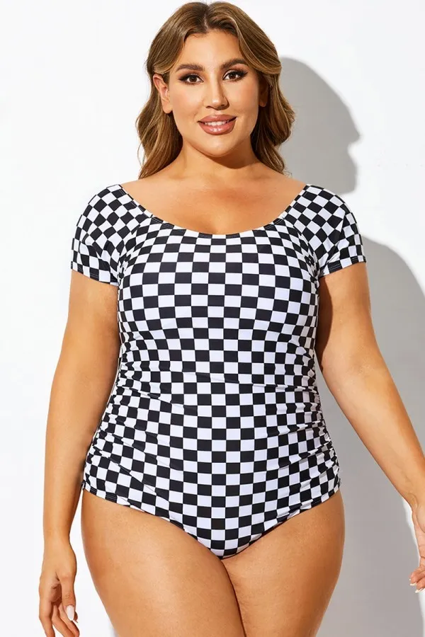 Black & White Check Modest Elastic One Piece Swimsuit