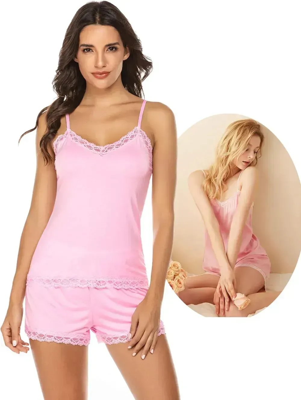 Women Cami Pajama Set Modal Sleepwear Lace Trim Short PJ Set with Shorts