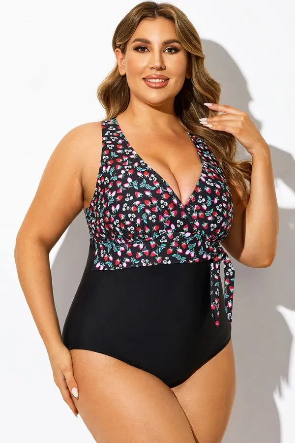 Strawberry Print V-Neck One Piece Swimsuit