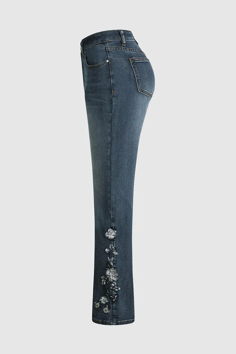 Washed Floral Embroidery Stretchy Mid Waist Bootcut Jeans