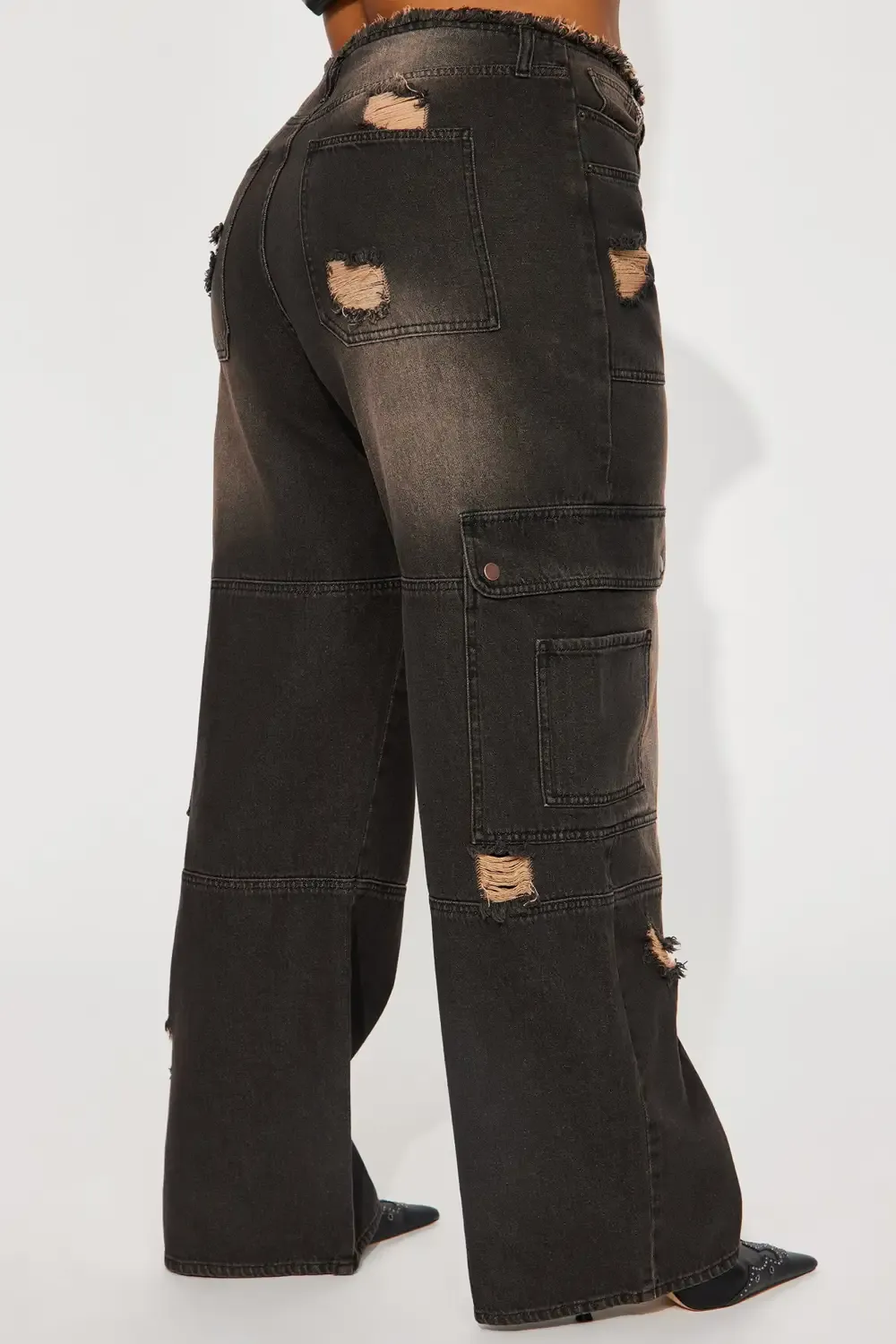 Night Sky Ripped Tinted Non Stretch Cargo Jeans - Black Wash