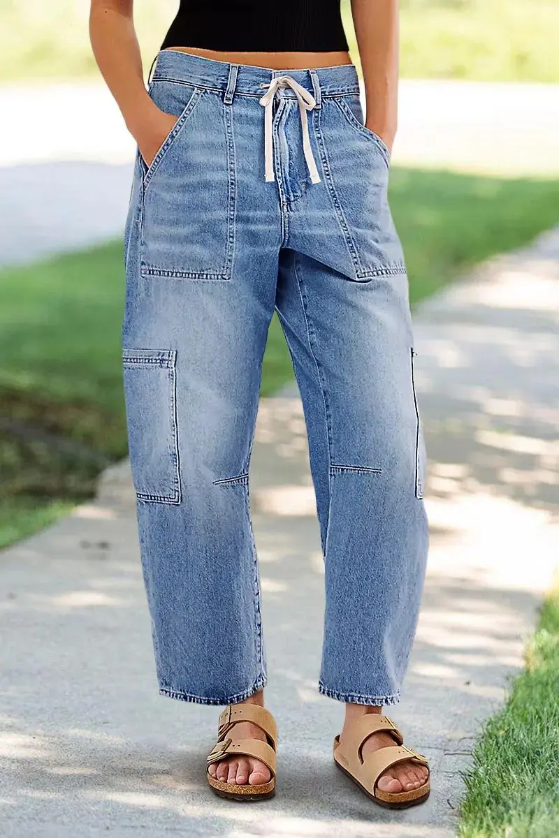 Wash Multi Pocket Stitch Drawstring Mid Waist Barrel Leg Jeans