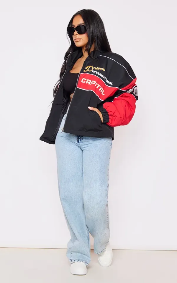 Petite Black Oversized Graphic Zipped Racer Bomber Jacket