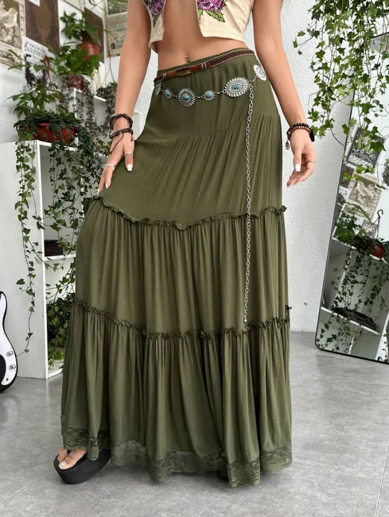 Grunge Solid Frill Trim Ruffle Hem Skirt