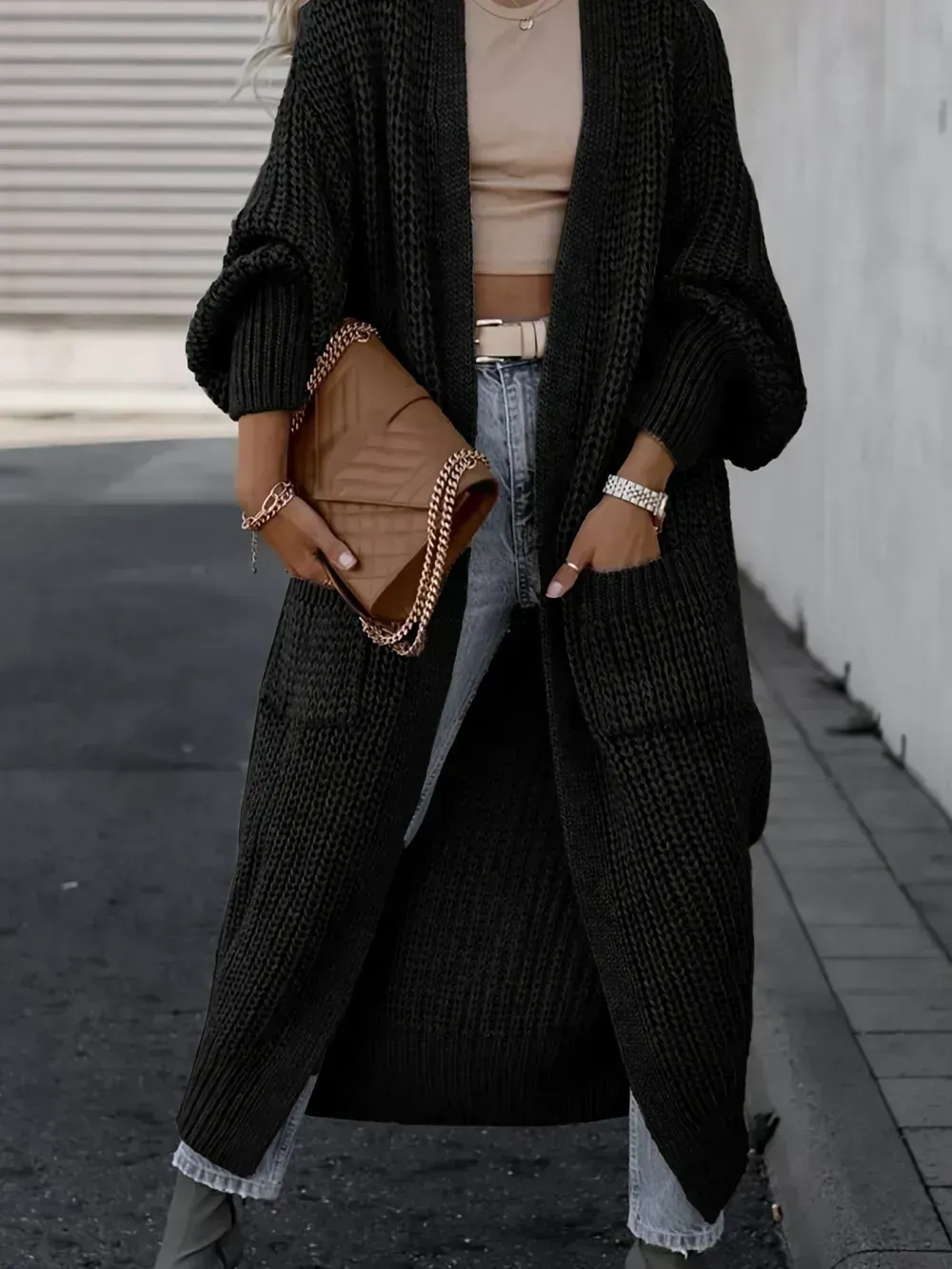 Solid Open Front Pocket Cardigan, Casual Long Sleeve Long Length Sweater For Fall & Winter, Women's Clothing