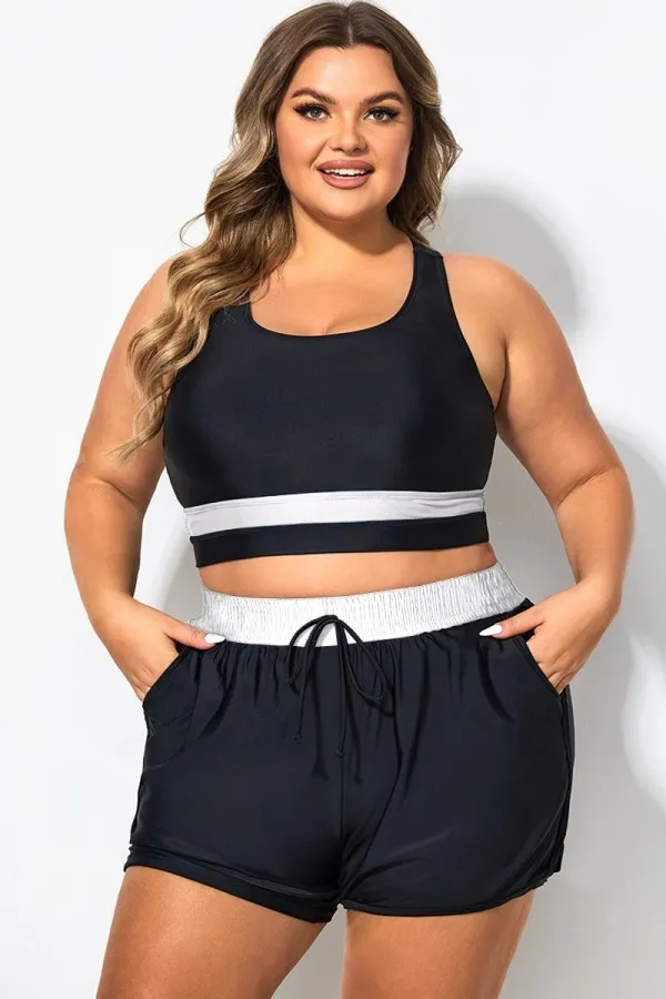 Round Neck Black & White Patchwork Bikini Top