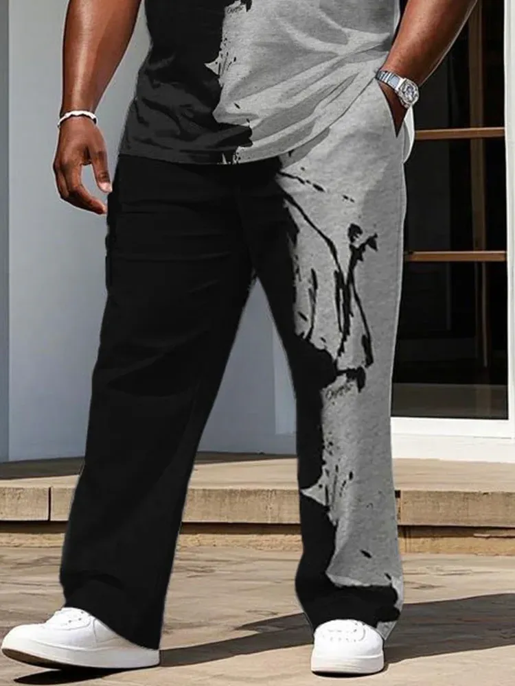 Men'S Big  Tall Street Fashion Black Ink-Throwing Small Label Printed Short-Sleeved T-Shirt Trousers Set