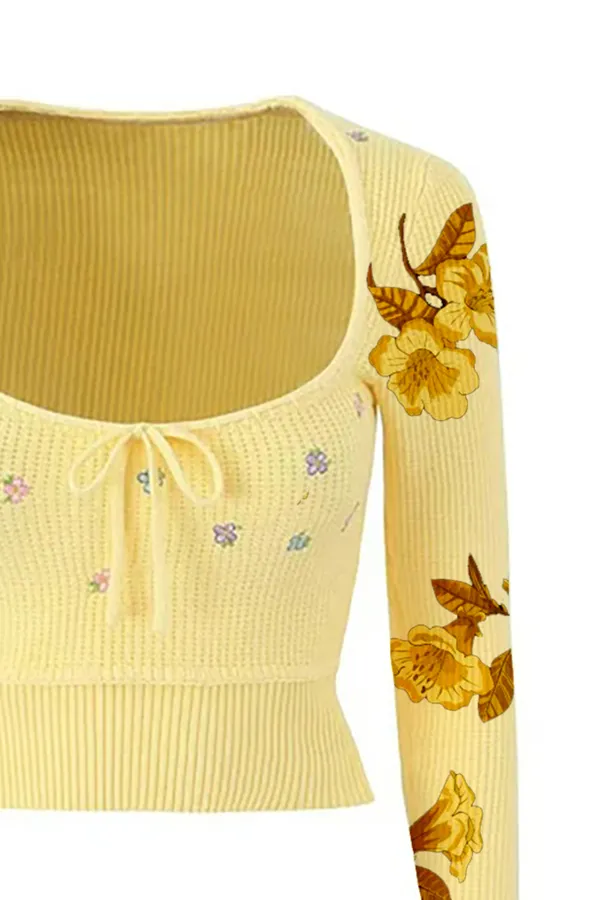 Cute Tie Neck Floral Embroidery Long Sleeve Crop Ribbed Knit Sweater