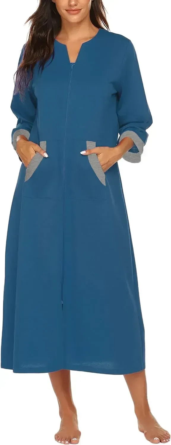 Women Zipper Robe 3/4 Sleeves Loungewear Dress Full Length Sleepwear Pockets Housecoat Nightgown Long Bathrobe
