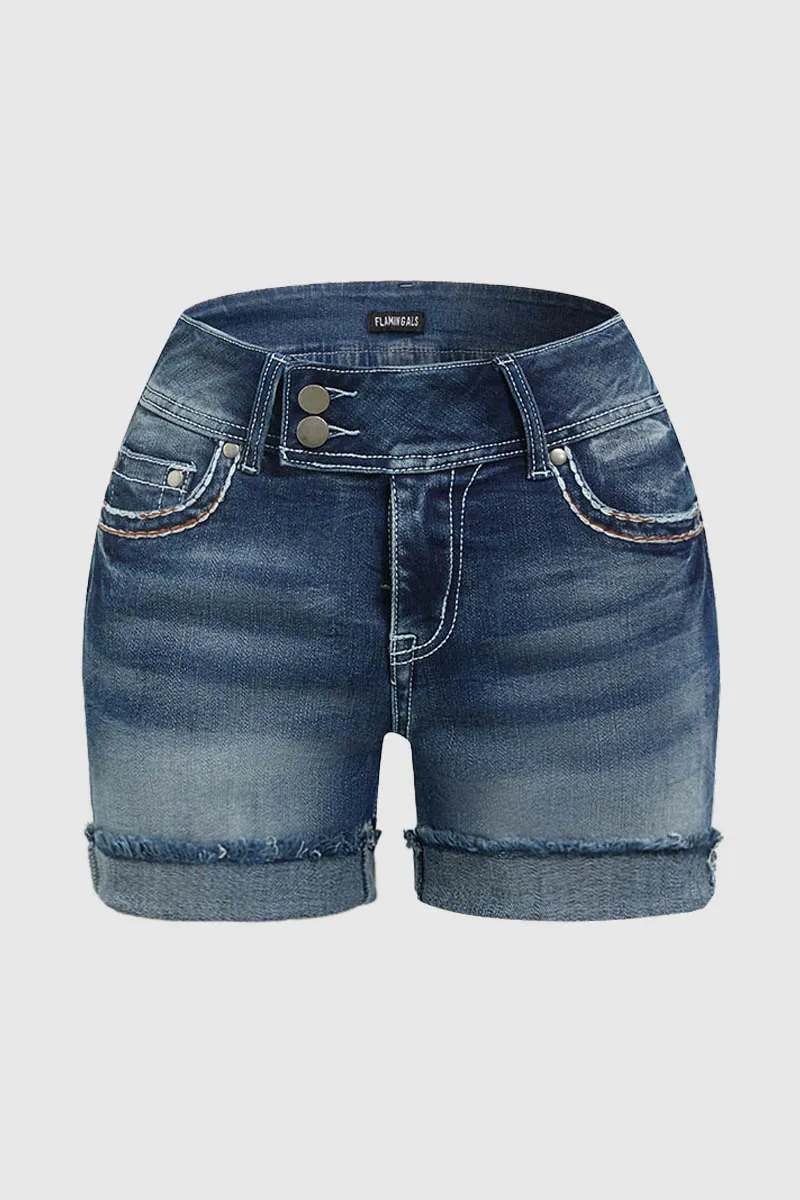 Roll Hem Button Up High Rise Denim Shorts