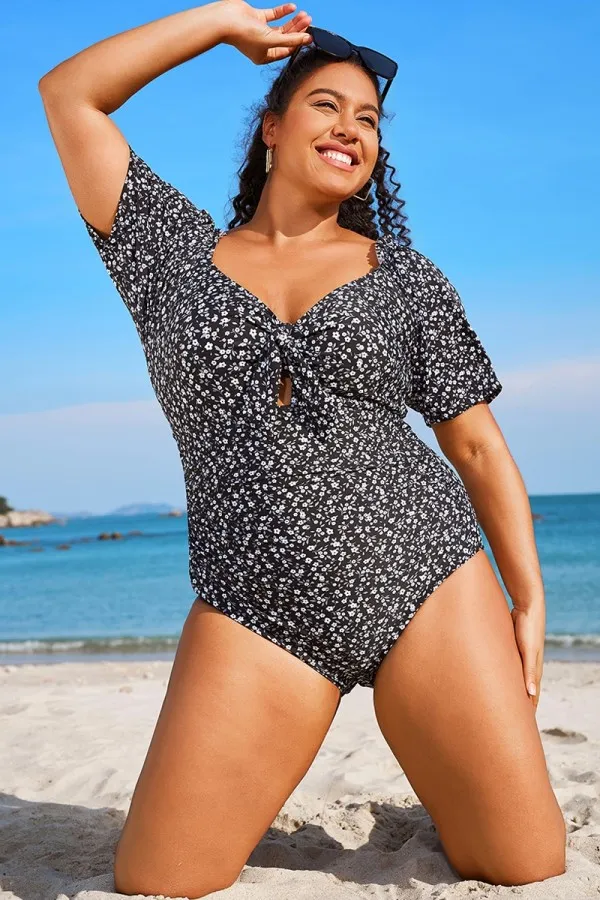 Floral Printed Short Sleeve One Piece Swimsuit