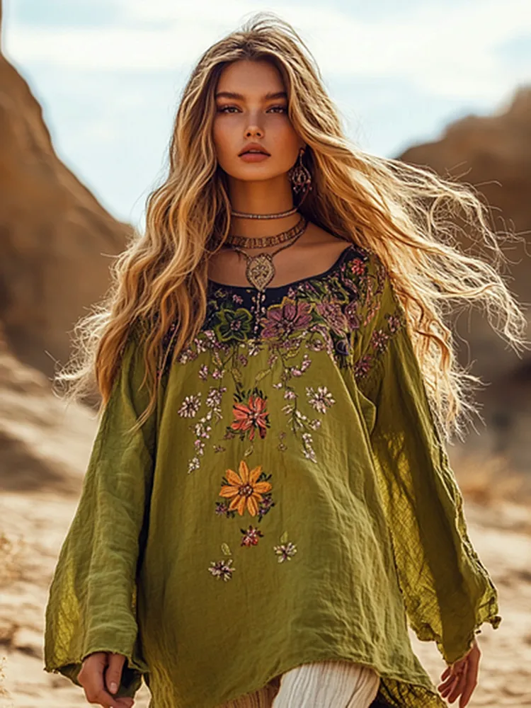 Retro Holiday Bohemian Art Holiday Print Cotton And Linen Blend Loose Blouse