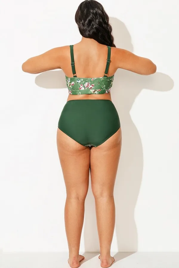 Army Green Floral Print High Waist Bottom