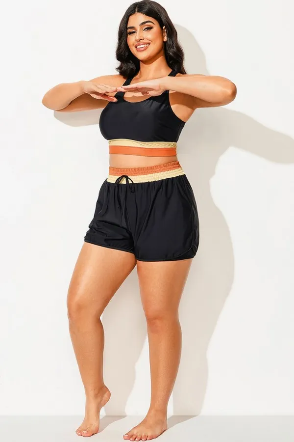 Plus Size Black Colorblock Mid Waist Women Shorts