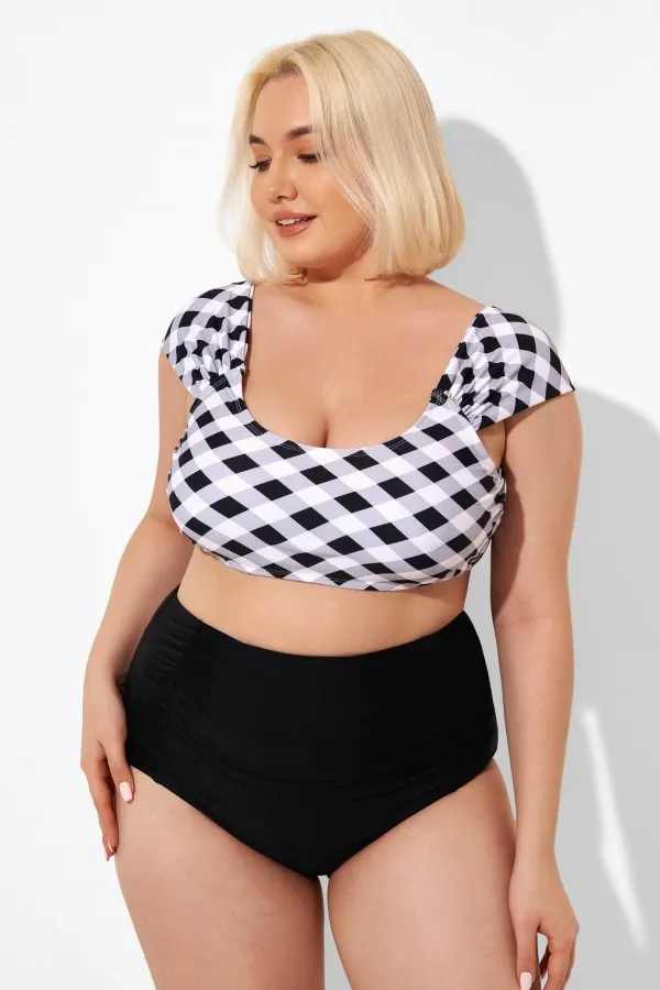 Black & White Gingham Bikini Top with Sleeves