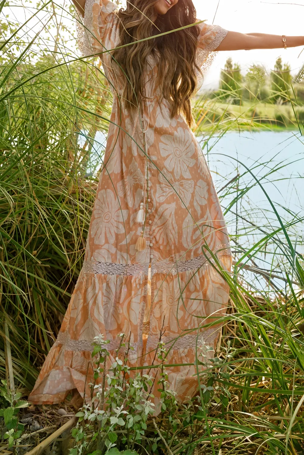 Peach Toned Floral Print Maxi Dress