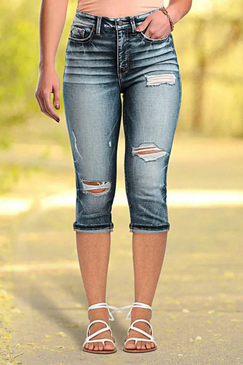 Ripped Wash Roll Hem High Waist Capri Jeans