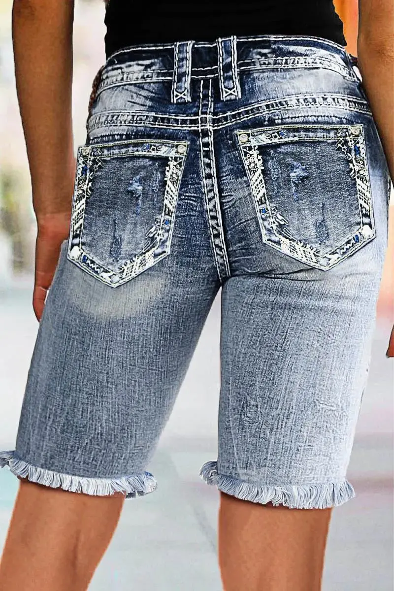 Ripped Raw Hem Mid Waist Denim Mid Thigh Shorts