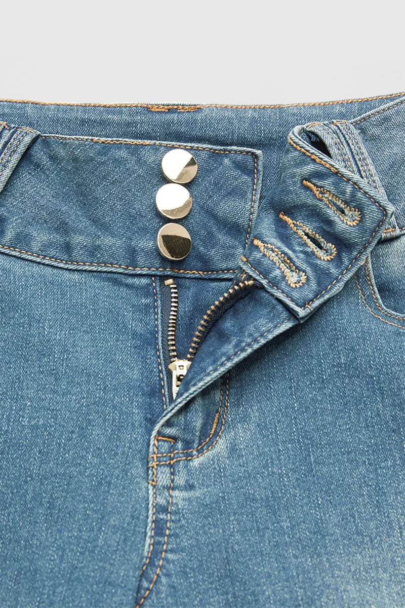 Button Up Roll Hem Mid Rise Capri Jeans
