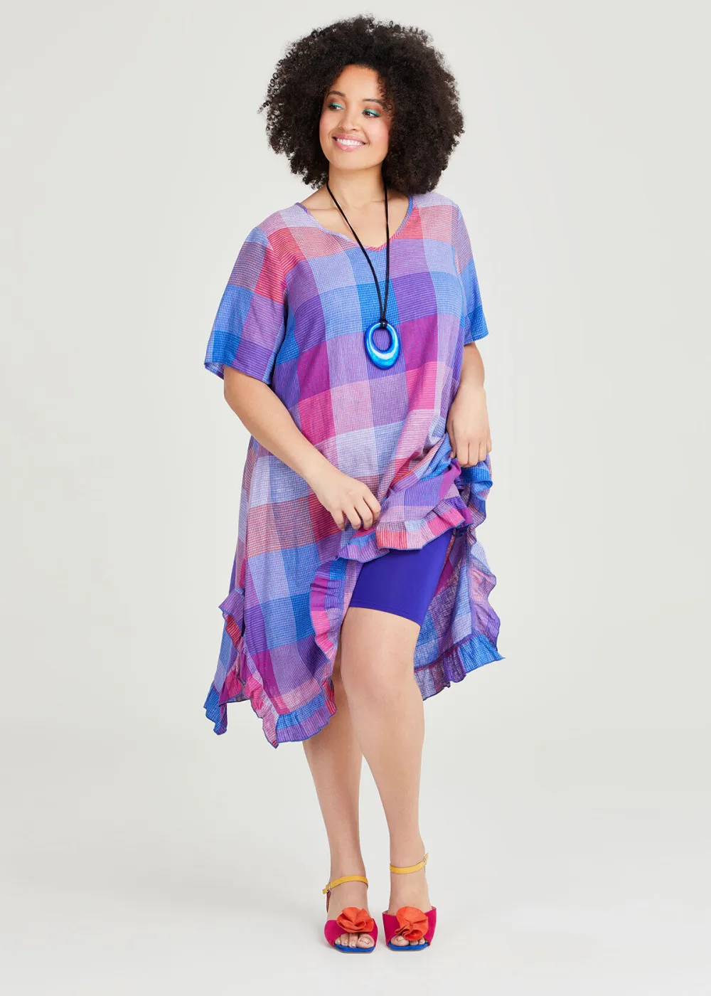 Linen Blend Plaid Dress