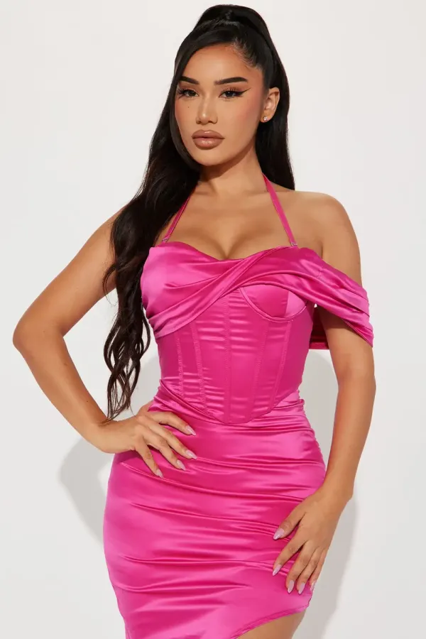 Ever After Satin Midi Dress - Hot Pink