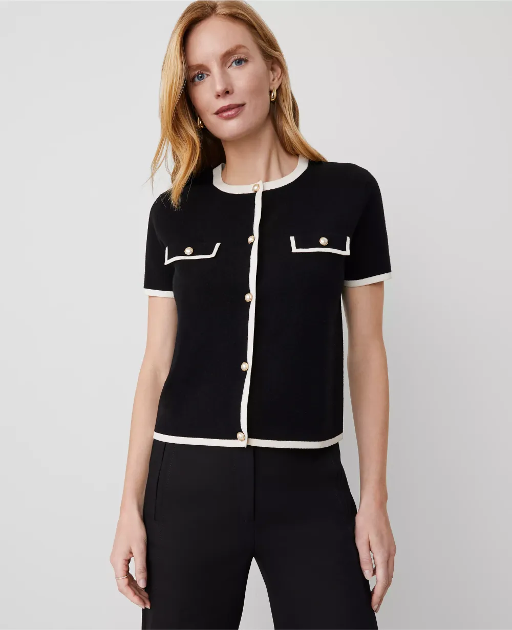 Pearlized Button Short-Sleeve Cardigan