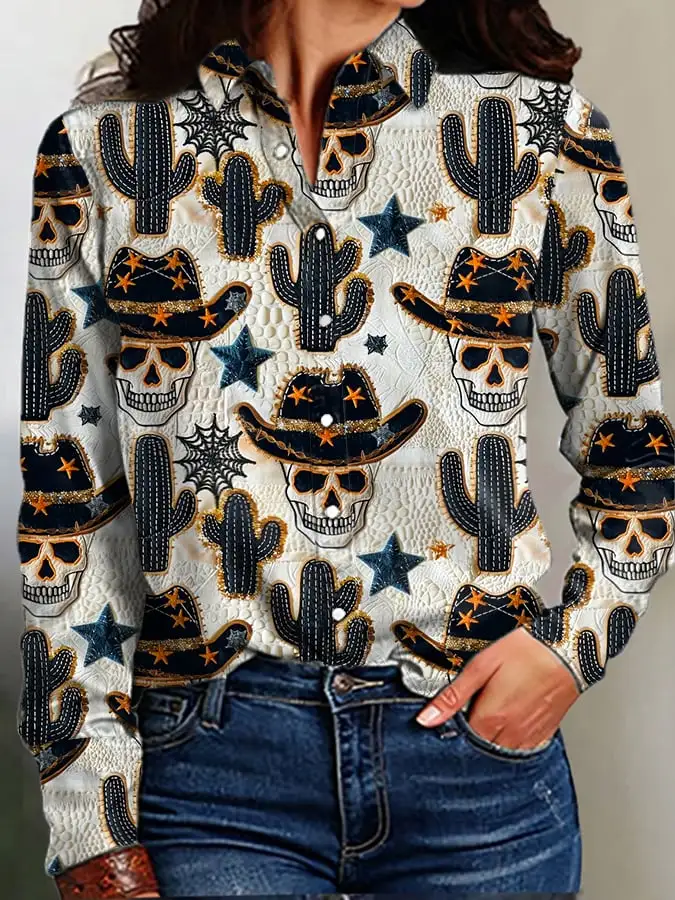 Women's Vintage Western Print Long Sleeve Shirt