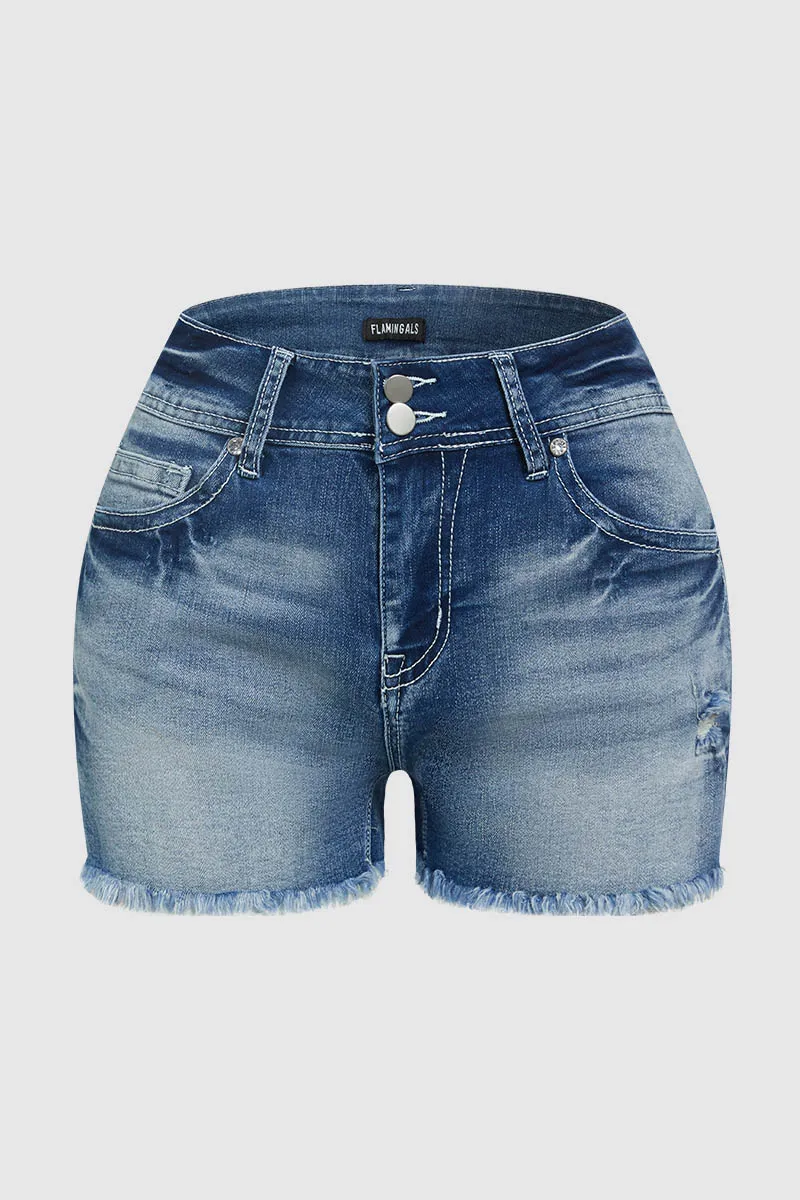 Ripped Raw Hem Rhinestone Detail Mid Waist Denim Shorts