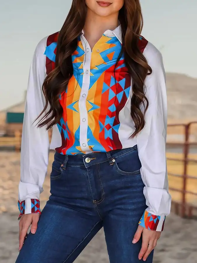 Fashion Printed Striped Geometric Lapel Long Sleeved Shirt