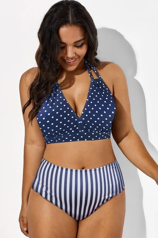 Blue Polka Dots Printed Halter Sexy Bikini Top