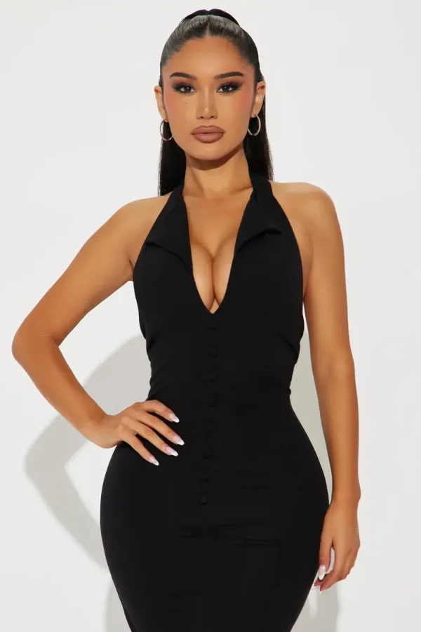 The Mia Halter Ponte Maxi Dress - Black