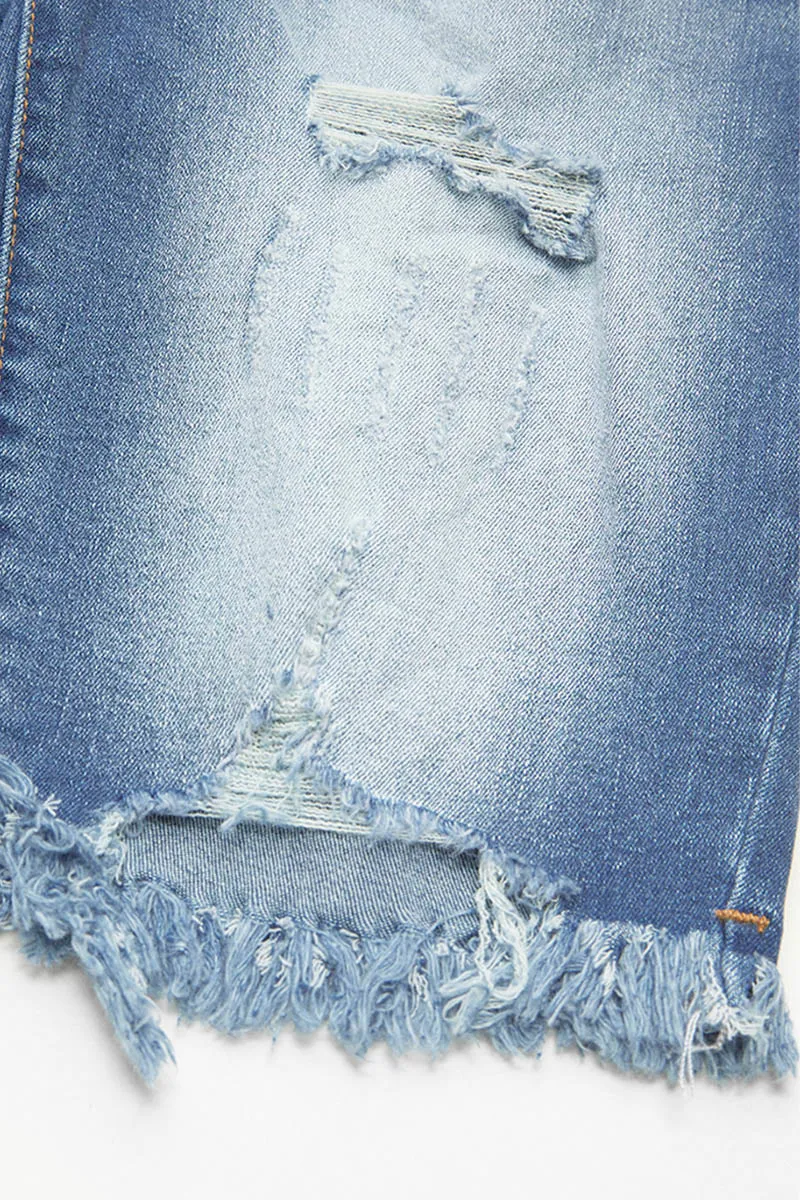 Ripped Raw Hem Button Up Mid Waist Denim Mid Thigh Shorts