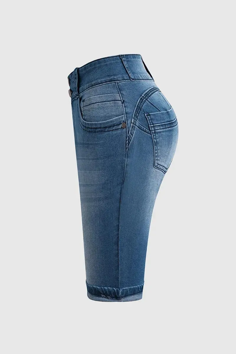 Double Button Roll Hem High Waist Denim Mid Thigh Shorts