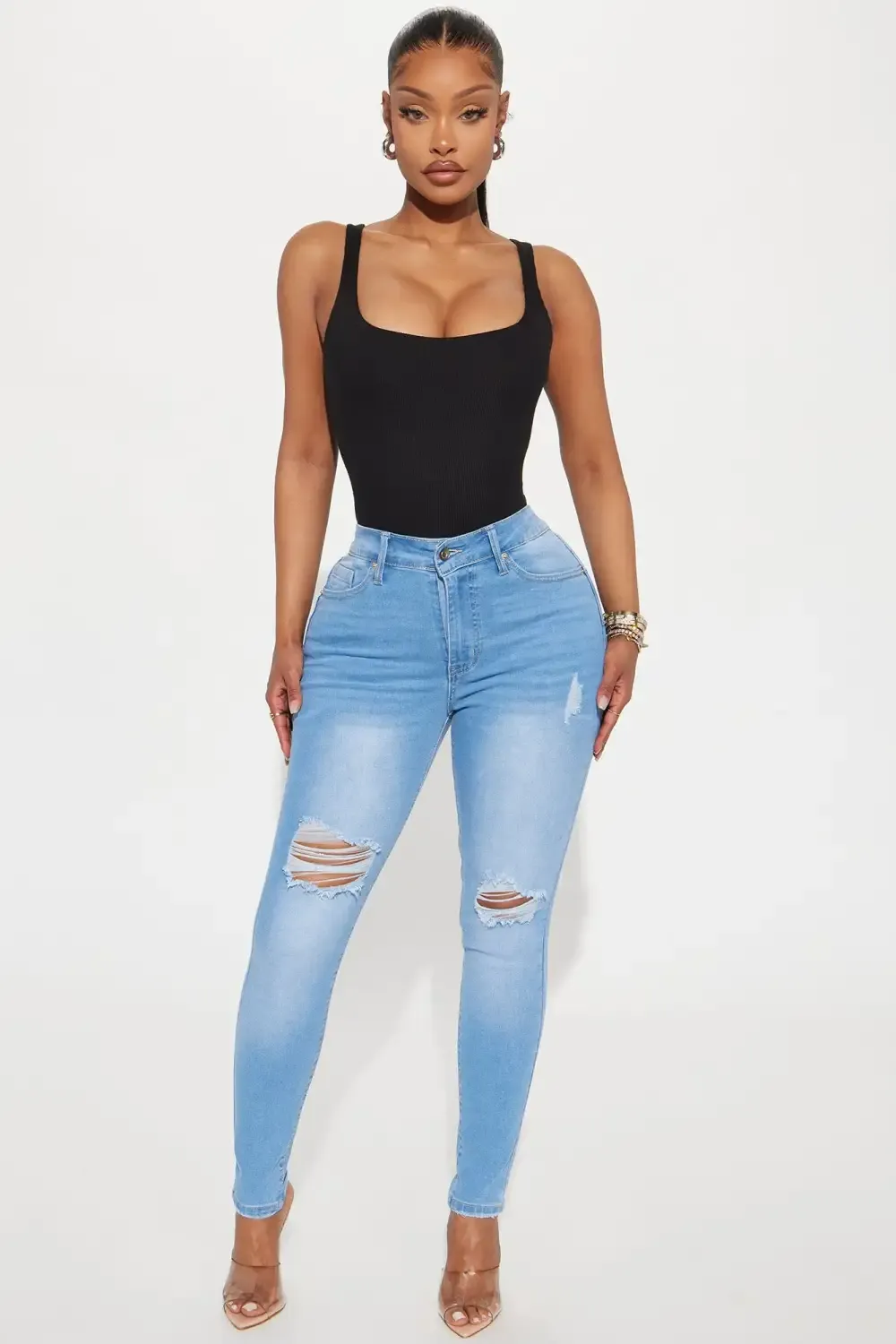 Got Spunk Destroyed High Stretch Skinny Jeans - Light Wash