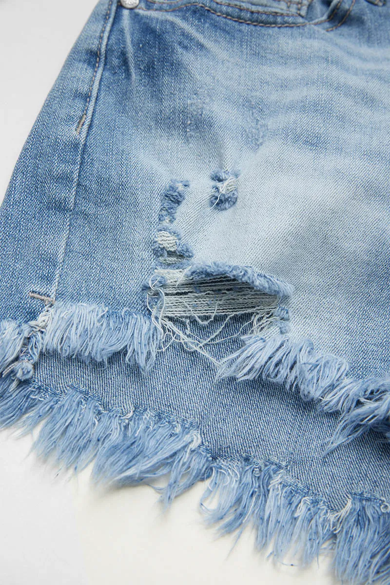 Embroidery Ripped Raw Hem Button Fly Mid Rise Denim Shorts