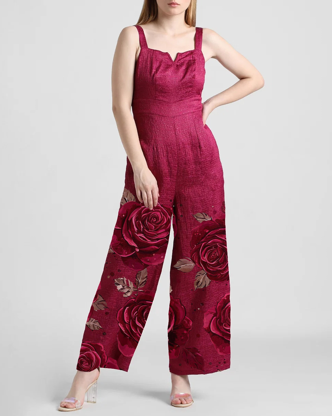 Dark Pink Jacquard Rose Print Shimmer Jumpsuit