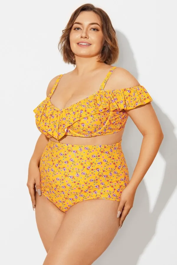 Yellow Floral Ruffled Underwire Women Bikini Top