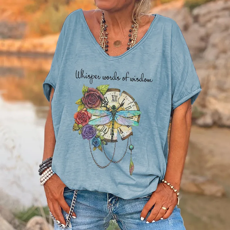 Whisper Words Of Wisdom Print Dragonfly And Flowers Graphic Tees