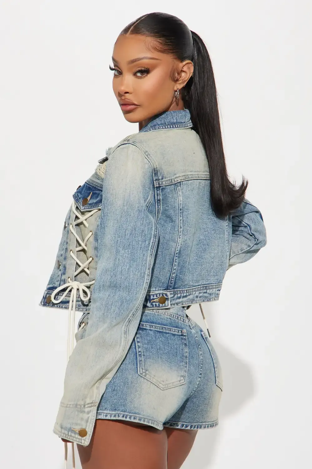 Reaching New Levels Lace Up Denim Jacket - Vintage Wash