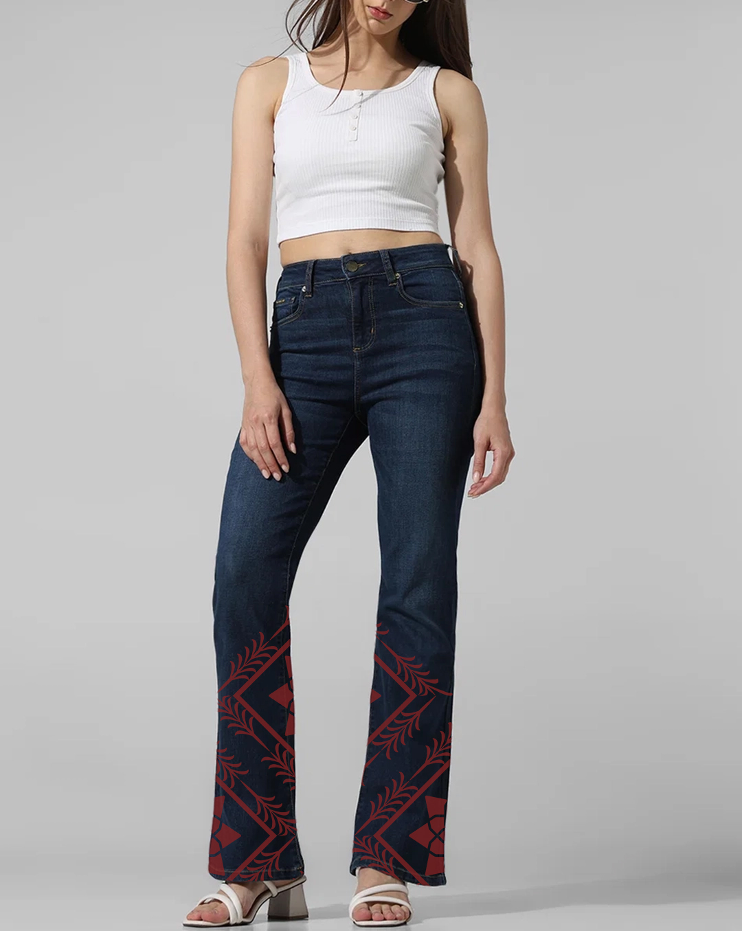 Blue Mid Rise Tulga Flared Jeans with Red Pattern
