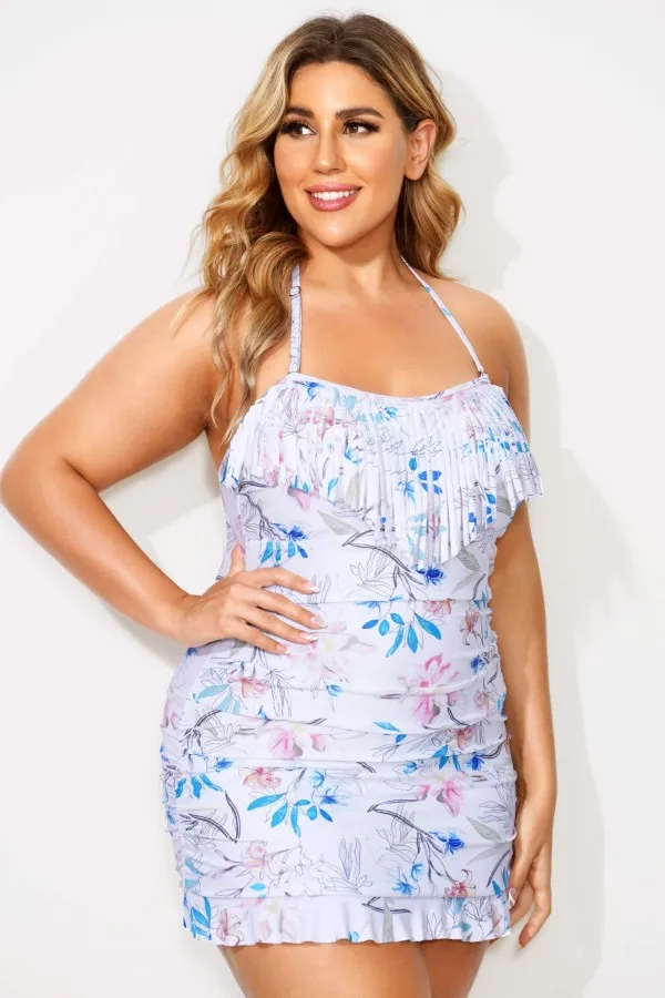 Solid Black Fringe Ruffle Hem Bandeau Swimdress